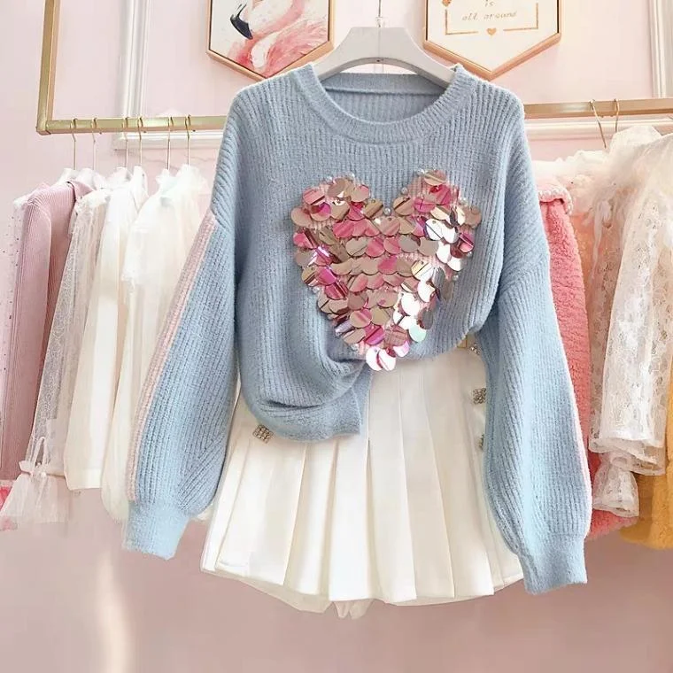 Heart Embellished Sweaters Fleece Fabric Down Fabric Feather Fabric