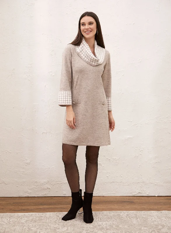Houndstooth Trim Sweater Dress Stylish Fashionable Trendy