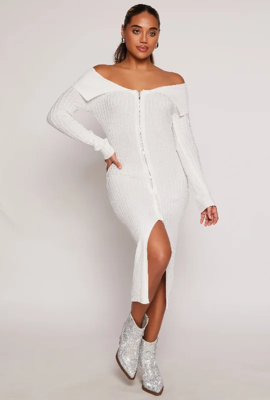 Almost Famous Zip Off the Shoulder Sweater Dress Mesh Fabric Canvas Fabric Denim Fabric