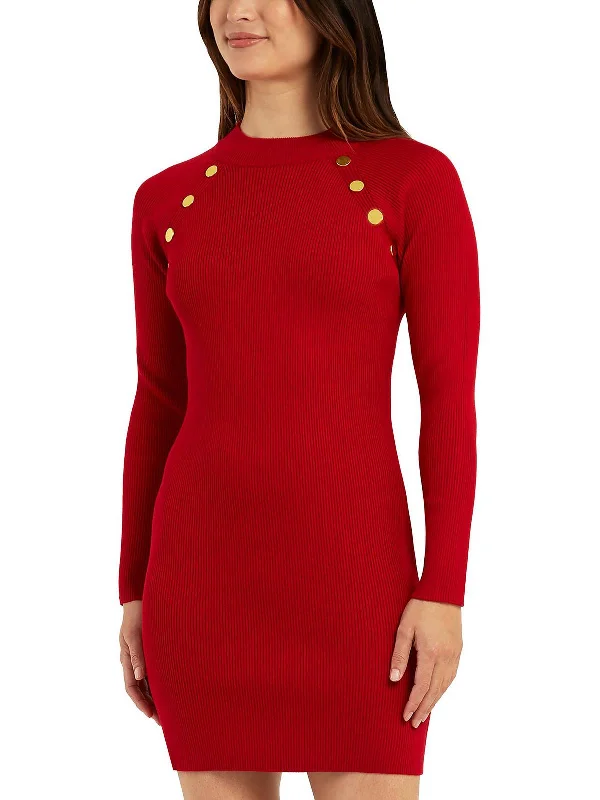 Juniors Womens Button Detail Mini Sweaterdress High Neck Crew Neck V-Neck
