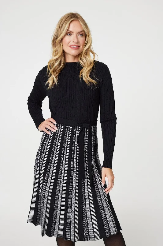Printed Tie Waist Pleated Midi Jumper Dress Tunics Corduroy durable