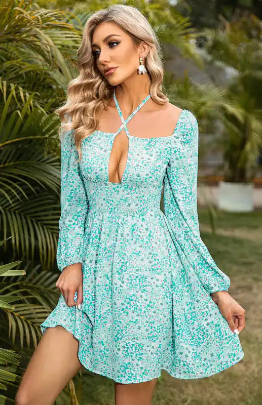 Ladies Square Neck Cross Lace Small Floral Waist Dress Tunics Recommended stylist