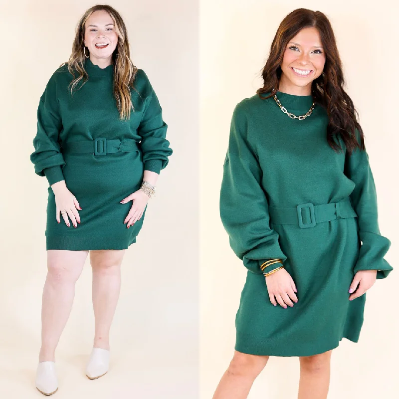 Luxurious Life Sweater Dress with Belt in Hunter Green Sweater Knitwear Pullover