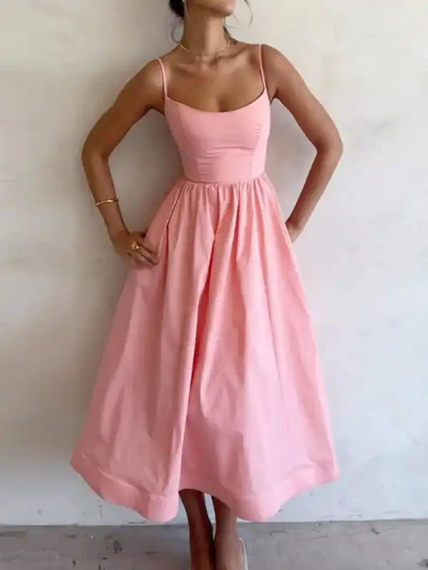 Women’s sexy U-neck waist pleated suspender dress Tunics Ceremony elegant
