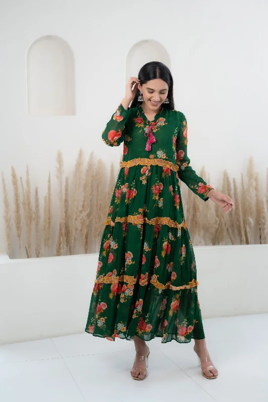 Women’s Green Floral Printed Long Dress by Myshka- 1 pc set Tunics Fashionable trendy Women’s Green Floral Printed Long Dress by Myshka- 1 pc set Tunics Fashionable trendy