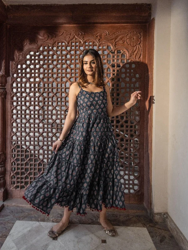 Women's Navy Blue Buti Printed Shoulder Strip Long dress - Taantav Tunics Custom made Women's Navy Blue Buti Printed Shoulder Strip Long dress - Taantav Tunics Custom made