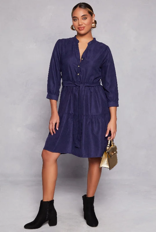 Tie Waist Belted Half Button Tiered Dress Tunics Travel practical