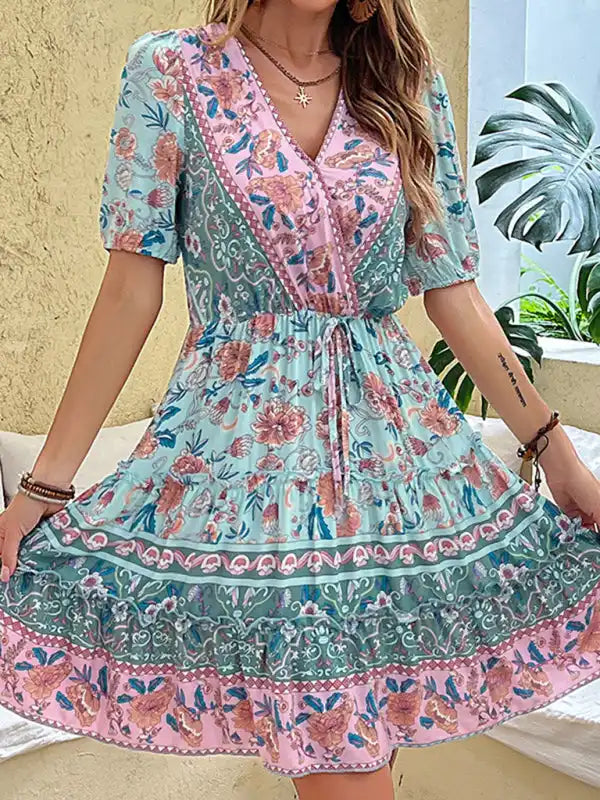 New floral waist skirt printed ethnic style bohemian dress Tunics Review highly