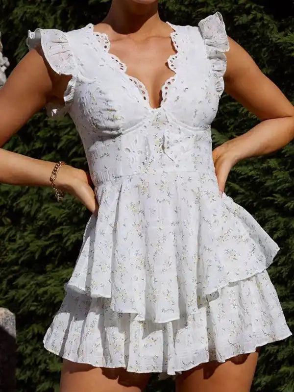New lace embroidery printed waist dress V-neck halter skirt Tunics Summer linen