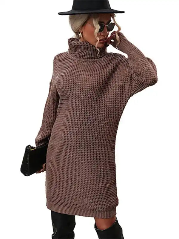 New women’s solid color turtleneck sweater dress Polka Dot Checkered Tartan