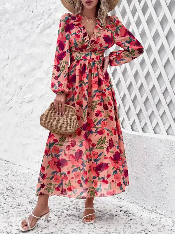 New women’s V-neck ruffled waist hollow holiday casual printed dress Tunics Evening elegant New women’s V-neck ruffled waist hollow holiday casual printed dress Tunics Evening elegant