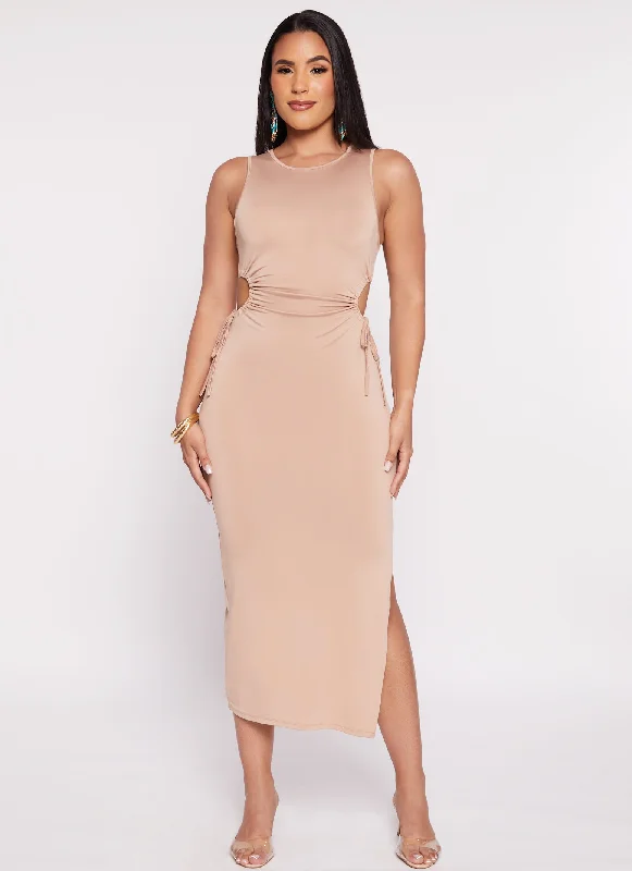 Drawstring Side Cut Out Waist Tank Dress Tunics Silk luxurious
