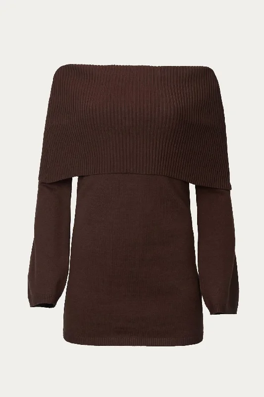 Off-The-Shoulder Sweater Dress In Chocolate Turtle Neck Boat Neck Asymmetrical Neck