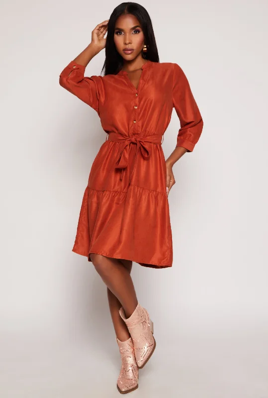 Tie Waist Belted Half Button Tiered Dress Tunics Running lightweight