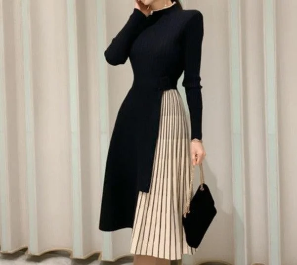 Patchwork Pleated Sweater Dress Tailored Straight A-Line