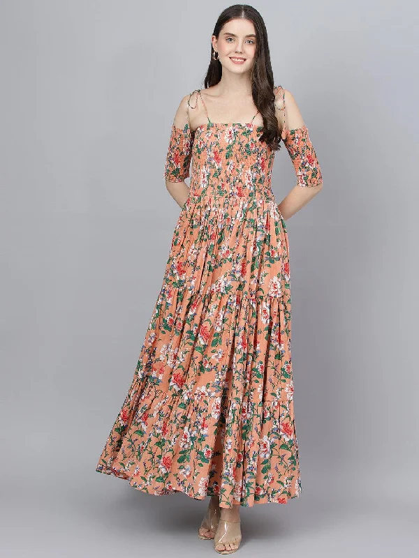 Women's Peach Floral Printed Shoulder Strips Flared Long Dress - Taantav Tunics Bestseller popular Women's Peach Floral Printed Shoulder Strips Flared Long Dress - Taantav Tunics Bestseller popular