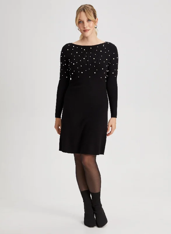 Pearl Detail Sweater Dress Boat Neck Shawl Collar Notched Collar