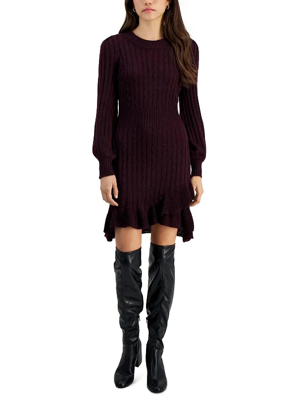 Petites Womens Cable Knit Ruffled Sweaterdress Silk Blend Satin Velvet