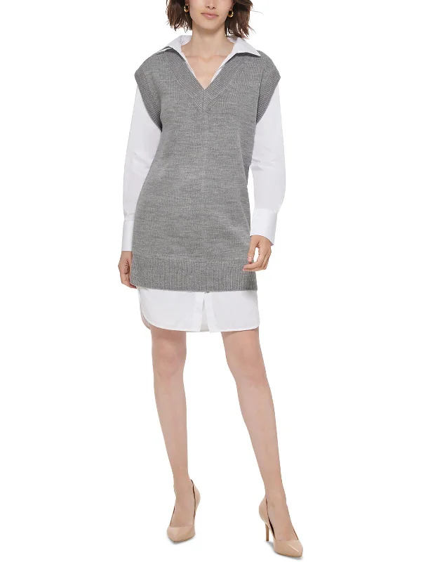 Petites Womens Layered Look Mini Sweaterdress Fleece Sweater Nylon Polyester