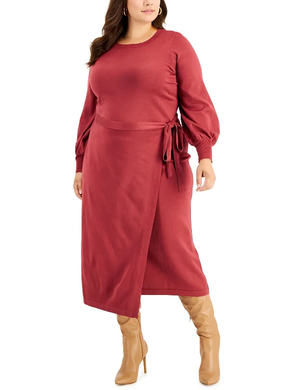Plus Womens Faux Wrap Long Sweaterdress Mesh Sweater Canvas Denim