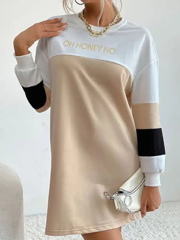 European and American Long Sleeve Dress Print Contrast Color Loose Sweater Dress Lace Blend Ribbed Blend Corduroy Blend