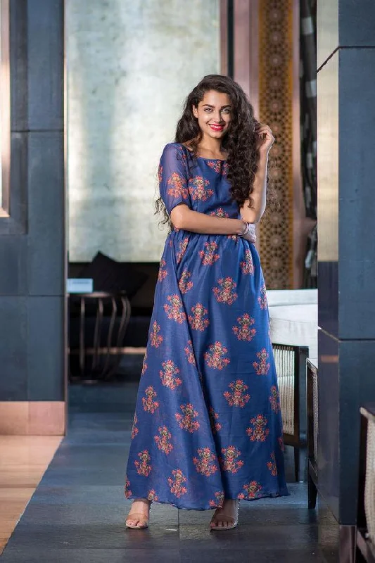 Women's Printed Long Dress Dark Blue (1pc) - Label Shaurya Sanadhya Tunics Fashionable chic Women's Printed Long Dress Dark Blue (1pc) - Label Shaurya Sanadhya Tunics Fashionable chic