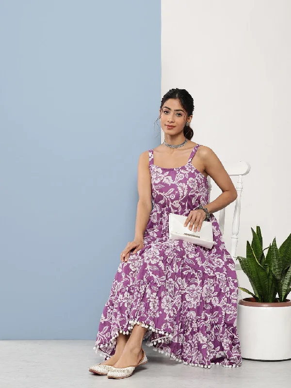 Women's Purple Floral Shoulder Strip Long Dress - Taantav Tunics Chic fashionable