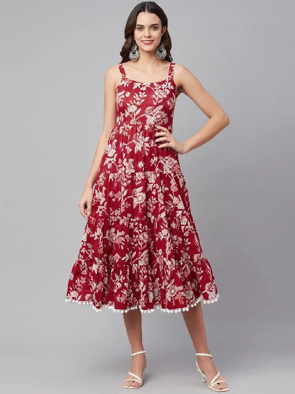 Women's Red Floral Printed Shoulder Strap Long dress - Taantav Tunics Exclusive limited Women's Red Floral Printed Shoulder Strap Long dress - Taantav Tunics Exclusive limited