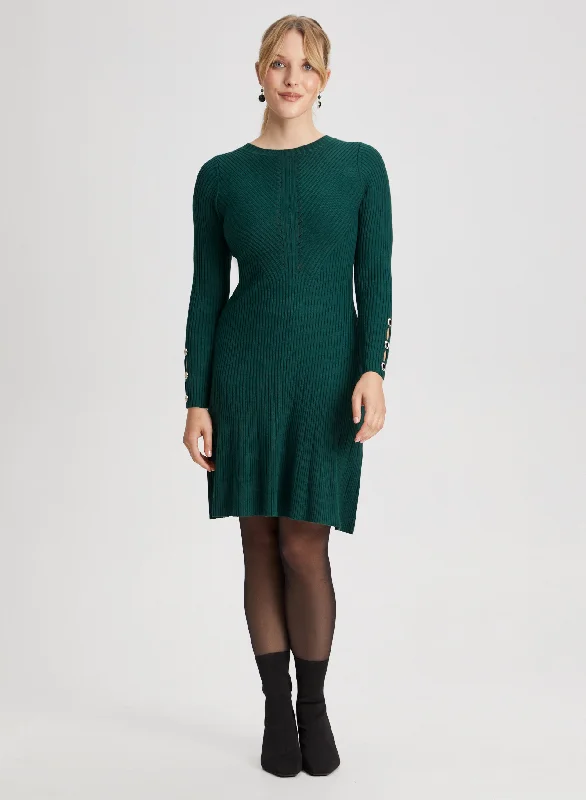 Rib Knit Sweater Dress Print Jacquard Patchwork