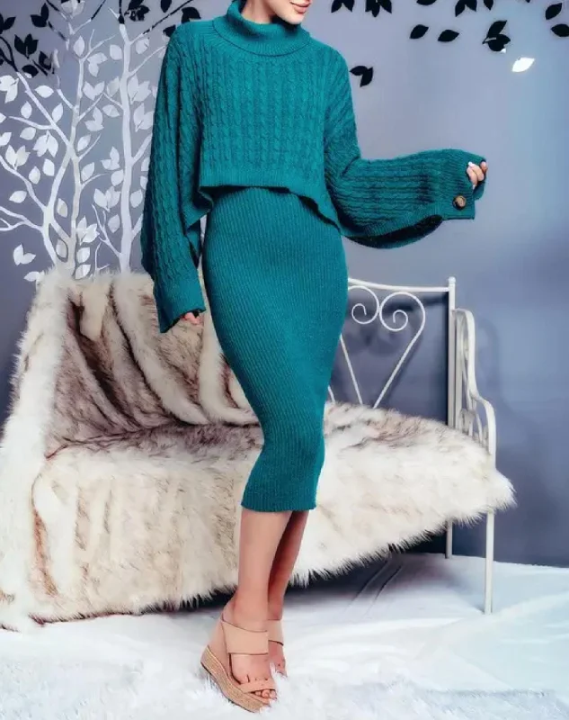 Ribbed Midi Dress And Turtleneck Sweater Set in Teal Spandex Blend Rayon Blend Denim Blend