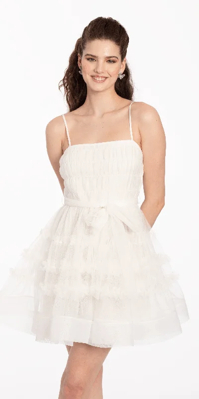 Ruffle Mesh Fit and Flare Dress with Tie Waist Tunics Luxurious high-end
