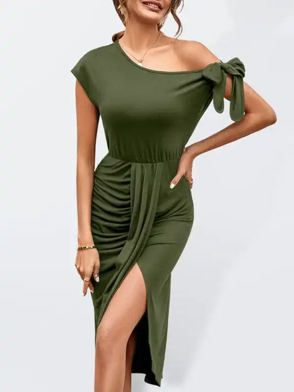 Women’s Solid Color Casual Knit Slant Neck Slit Waist Dress Bodycon Club Sequined
