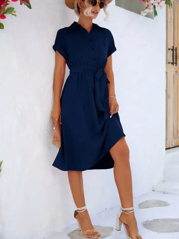 Elegant Casual Button Shirt Waist Tie Dress Tunics Luxurious high-end