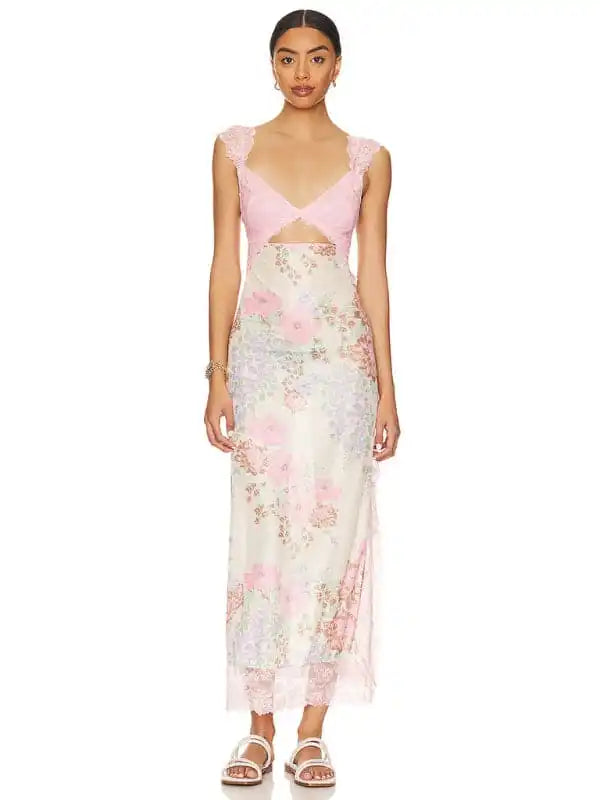 Women’s Gentle Lace Straps Spliced Slit Long Dress Tunics Brand named