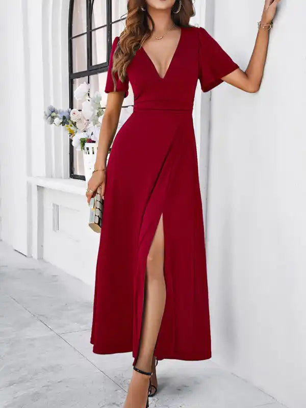 Women’s new solid color V-neck waist dress Tunics Formal black