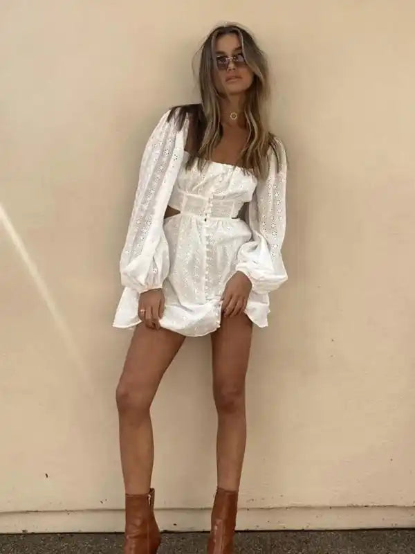 Square Neck Embroidered Waist Cutout Single Breasted Cross Back Dress Tunics Occasion special