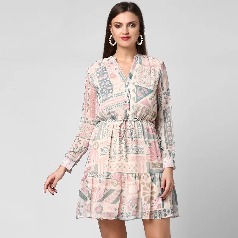 Women's Chiffon Dress with waist drawstring - StyleStone Tunics Print Colorful