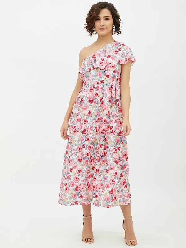Women's Floral One shoulder Polyester Crepe Long dress - StyleStone Tunics stripes playful Women's Floral One shoulder Polyester Crepe Long dress - StyleStone Tunics stripes playful