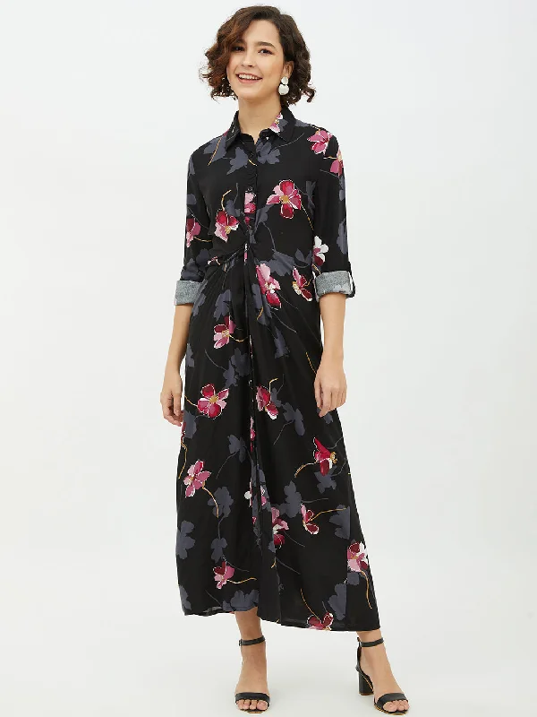 Women's Floral Print Cotton Long Dress - StyleStone Tunics Solid Classic