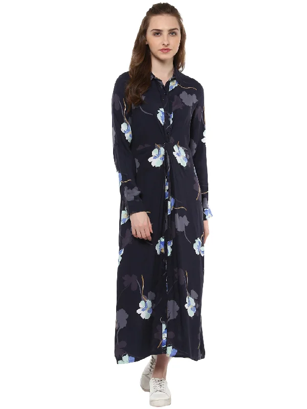 Women's Navy Blue Dress with Waist Pleats - StyleStone Tunic Top Casual