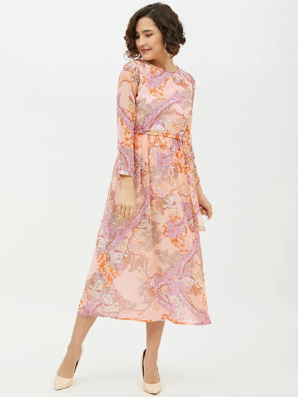 Women's Peach Printed Long Dress - StyleStone Tunics Chinos classic