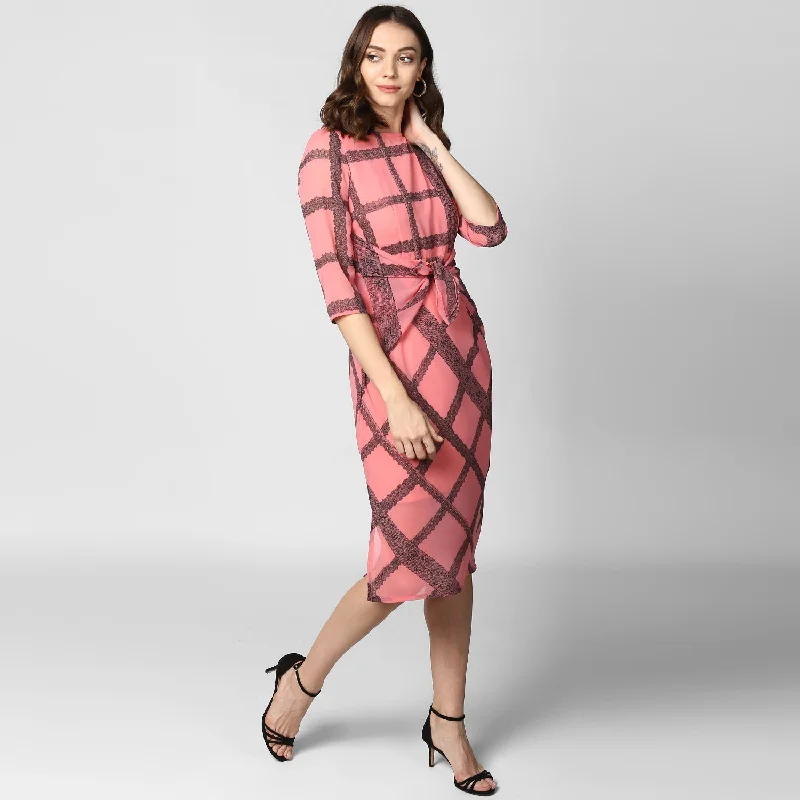 Women's Pink Check Waist Tie Up Polyester Dress with Lining - StyleStone Tunics Short Trendy Women's Pink Check Waist Tie Up Polyester Dress with Lining - StyleStone Tunics Short Trendy