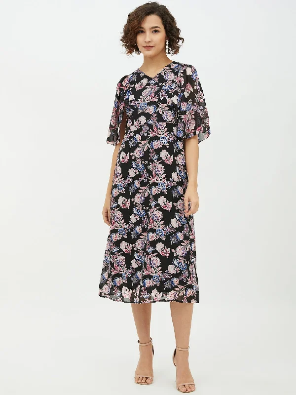 Women's Polyester Georgette Floral Print Cape style Dress - StyleStone Tunics Denim casual
