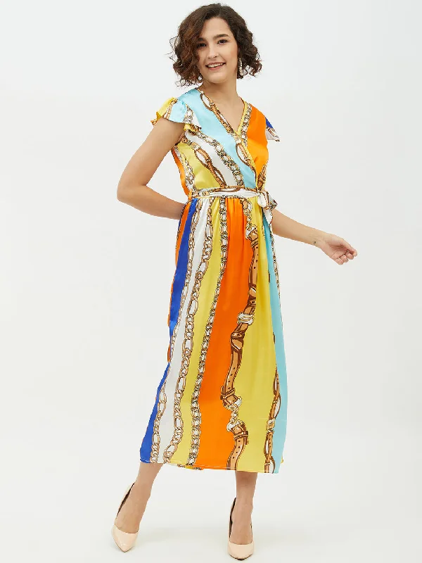 Women's Satin Chain Print Long Dress - StyleStone Tunics Velvet soft