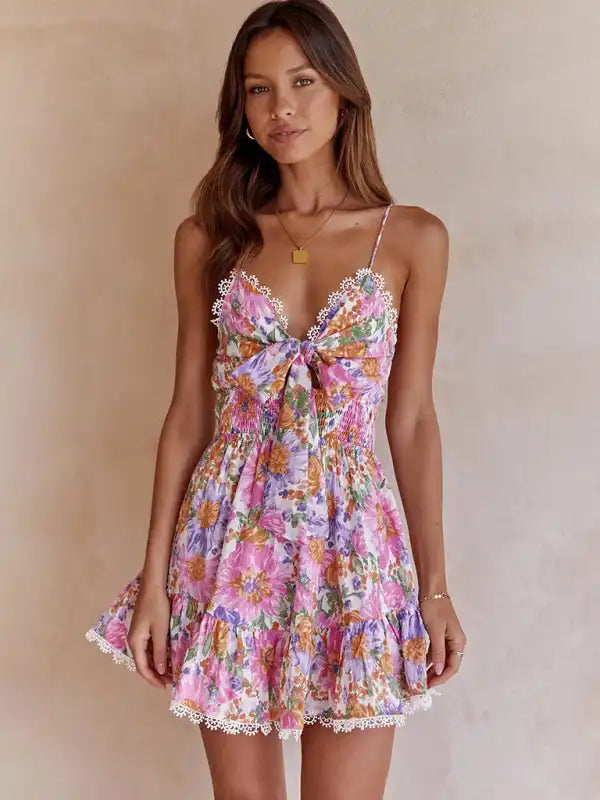 Women’s Chest Knotted Printed Backless Waist Sling Dress Tunics Spring floral