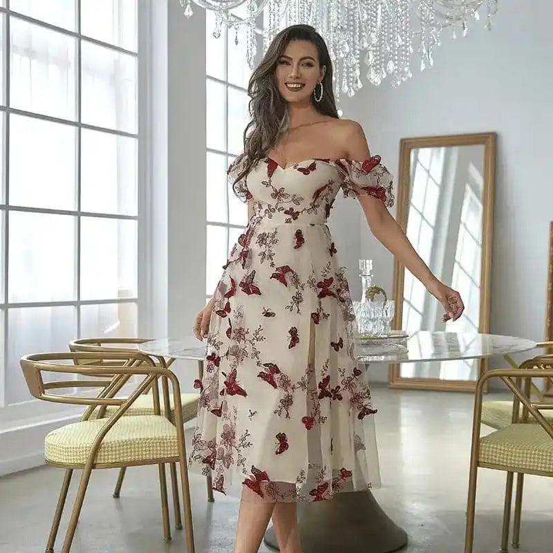 Summer New Embroidery Print Waist Wrap Off Shoulder Long Dress Low Chest Mesh Large Hem Sexy Dress Off-the-shoulder Chic Trendy Summer New Embroidery Print Waist Wrap Off Shoulder Long Dress Low Chest Mesh Large Hem Sexy Dress Off-the-shoulder Chic Trendy