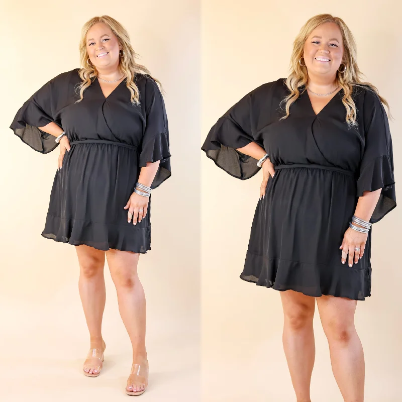 Super Chic Ruffle Sleeve V Neck Dress with Waist Tie in Black Tunics Bestseller popular Super Chic Ruffle Sleeve V Neck Dress with Waist Tie in Black Tunics Bestseller popular