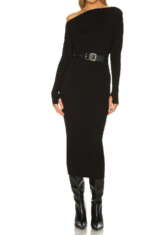 Sweater Knit Slouch Dress In Black Denim Fabric Leather Fabric Suede Fabric