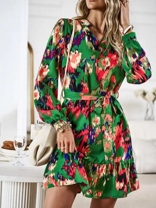Temperament & Elegant V-neck Printed Waist Dress With Belt Elegant Long Evening