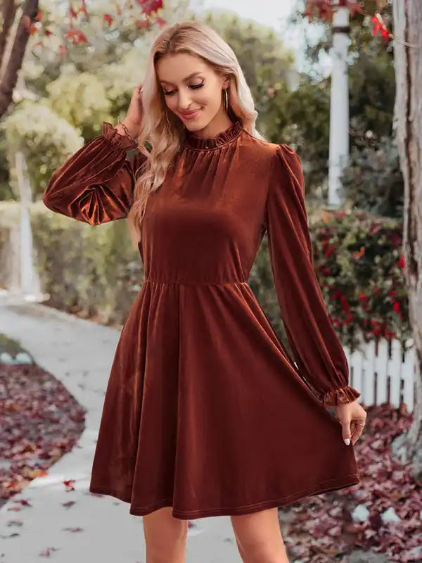 Turtleneck velvet solid color waist dress Tunics Sophisticated sleek